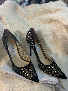 Jimmy Choo Black and Gold Laser-Cut Pointed Toe Pumps